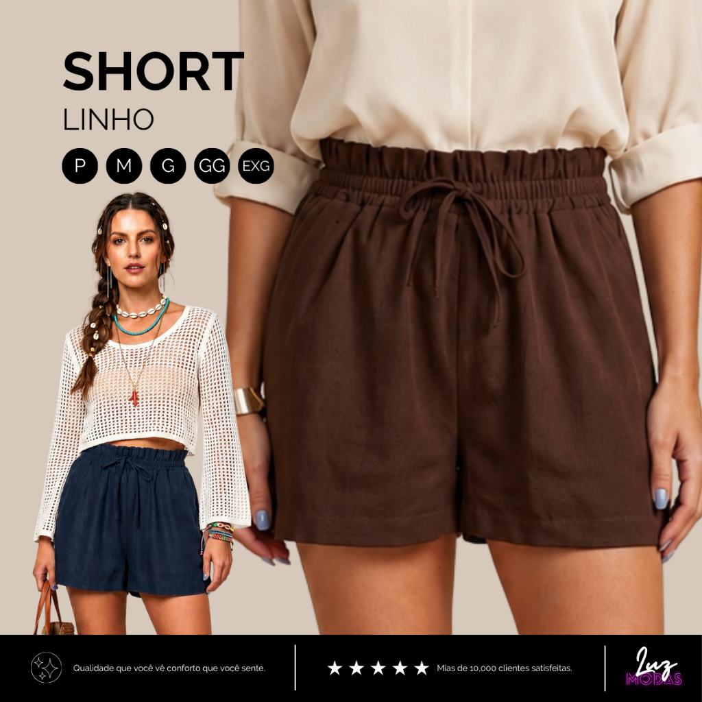 Short Feminino em Linho Soltinho e Confortavel Cintura Alta Tamanhos Grandes Ferias Verao Carnaval