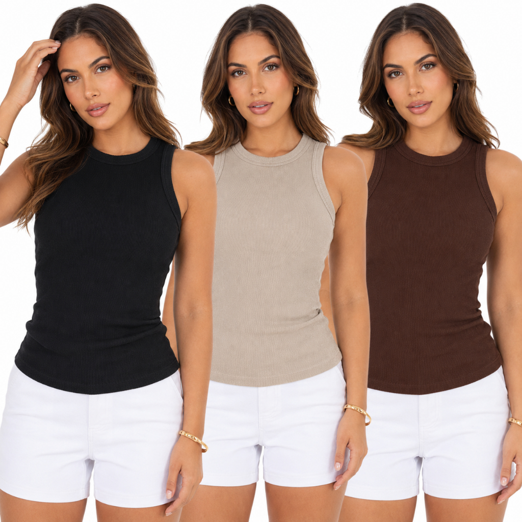 Kit 3 Regatas Caneladas Femininas Lisa Ribana Blusa Básica Casual Confortável Dia a Dia