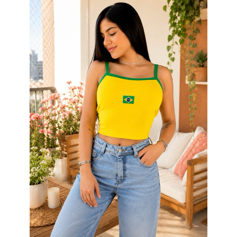 Blusinha Feminina Regata Cropped Brasil Canelada Bordada - Elegante