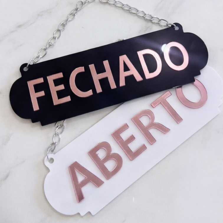 Placa Aberto Fechado Dupla Face Acrílico Espelhado Rose Gold 26x8cm Loja Comércio Salão Beleza