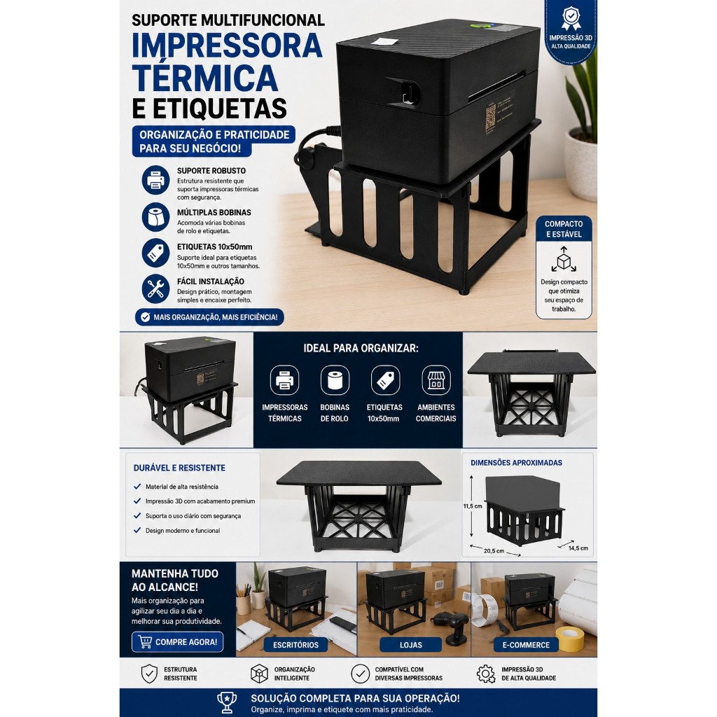 Suporte Impressora Térmica Porta Bobina e Etiquetas Sanfonadas, Bobinas de Rolo e Etiquetas 10x15