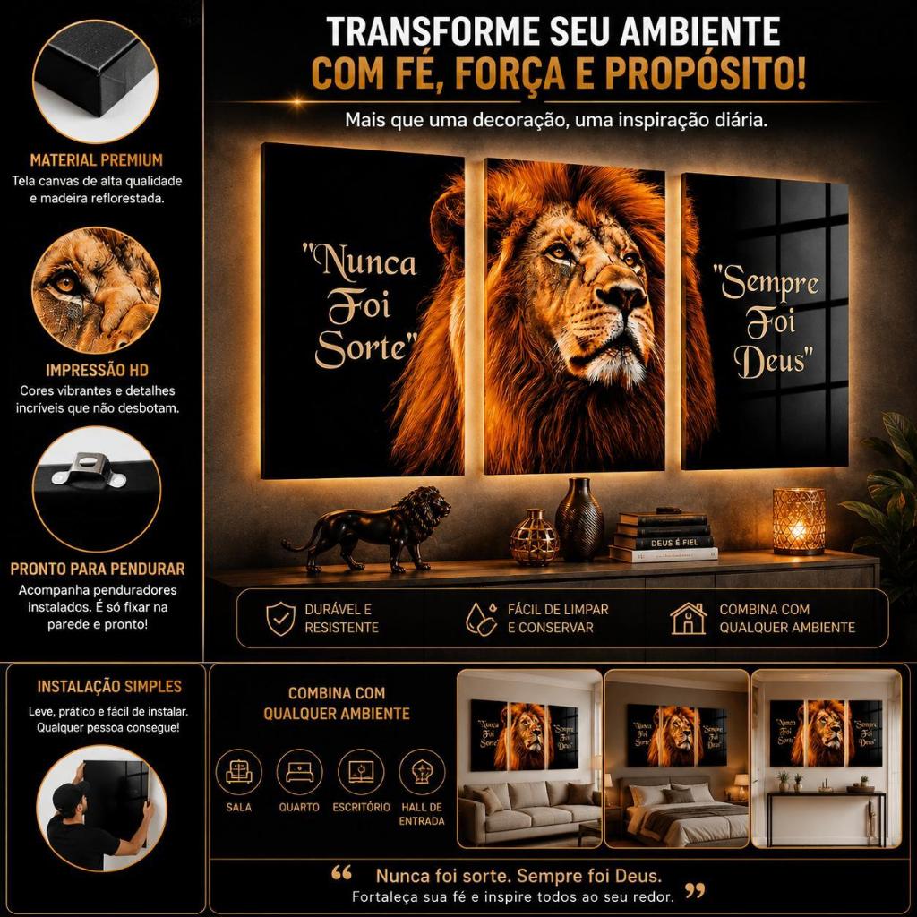 Kit Quadros Decorativos Nunca Foi Sorte Sempre Foi Deus MDF Premium Decoração Sala Quarto Escritório