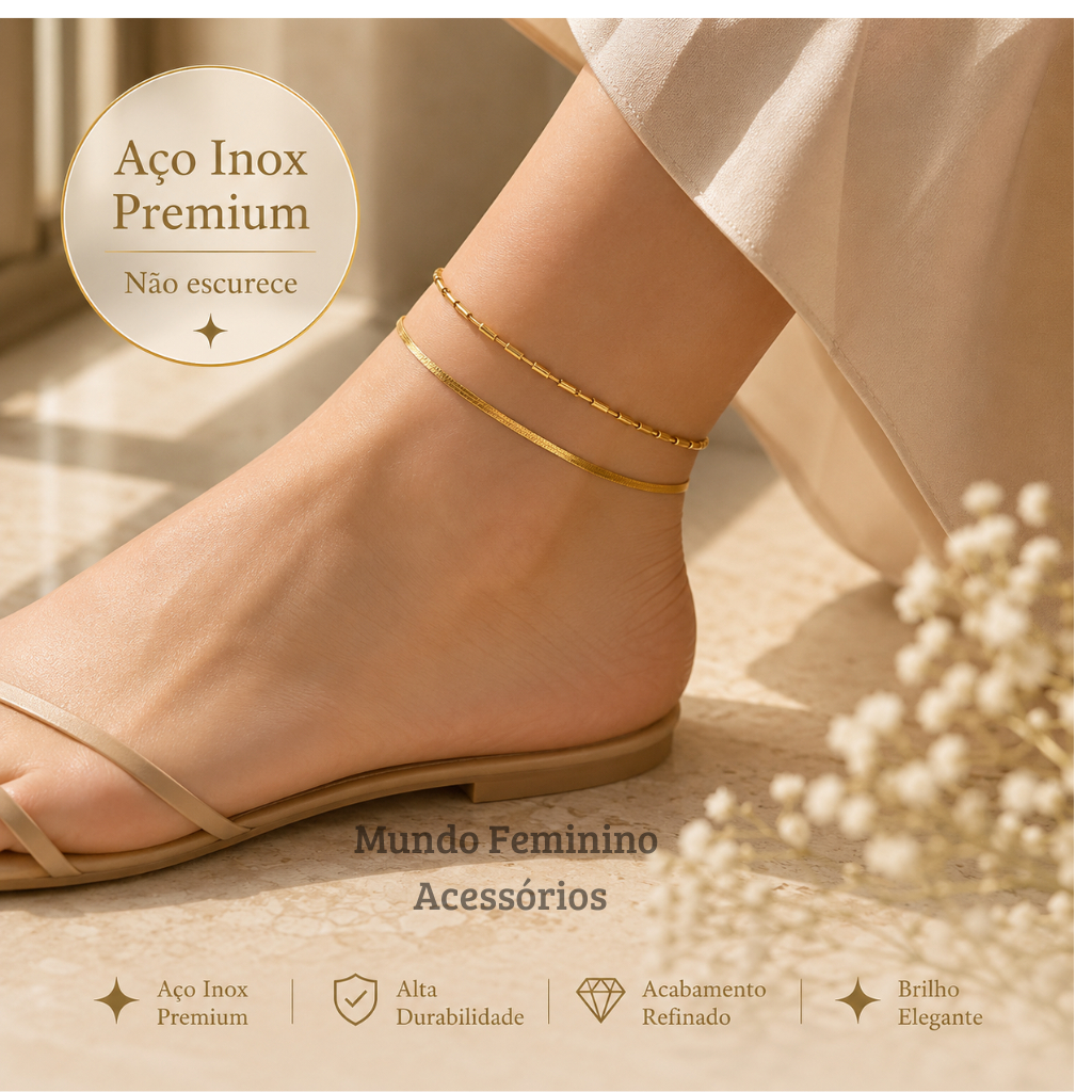 Tornozeleira feminina dupla aço inoxidável banhado ouro 18k resistente durável