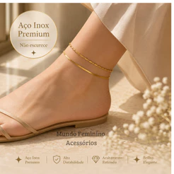 Tornozeleira feminina dupla aço inoxidável banhado ouro 18k resistente durável