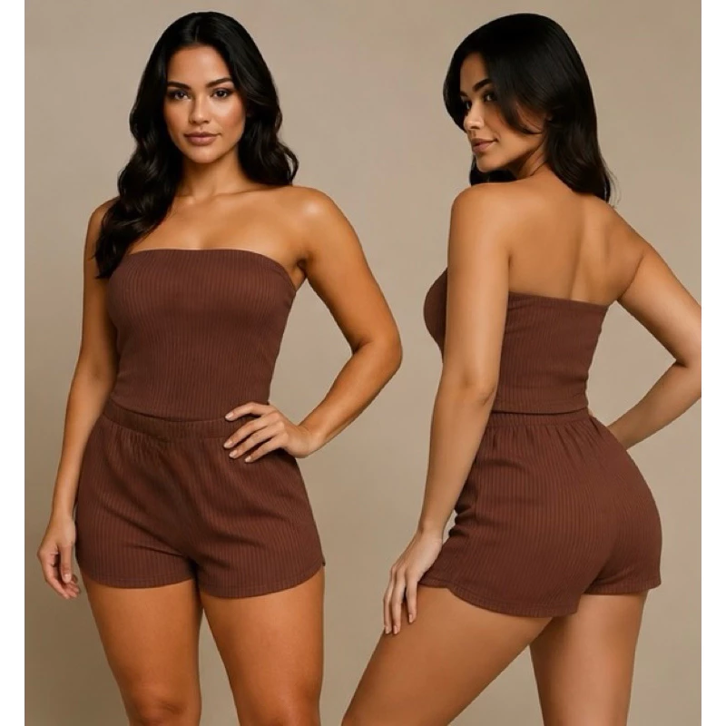 Conjunto Feminino Short Canelado Top Feminino Duas Peças P/M/G