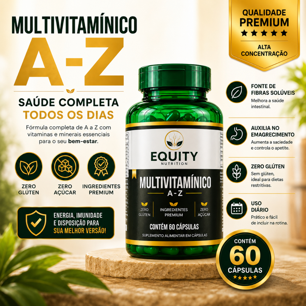 Multivitamínico A-Z 60 Cápsulas Imunidade Saúde Disposição Foco Sem Sabor Equity Nutrition