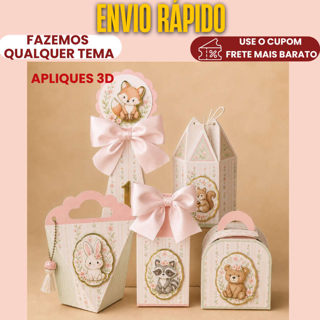 Kit Célebre Lembrancinha BOSQUE ENCATADO Personalizadas caixinhas para aniversário com apliques 3D│Pegue e Monte