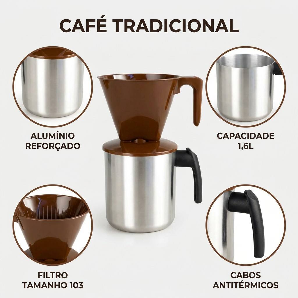 Conjunto De Café Fervedor 1,6L Alumínio Polido Com Suporte Coador Filtro 103