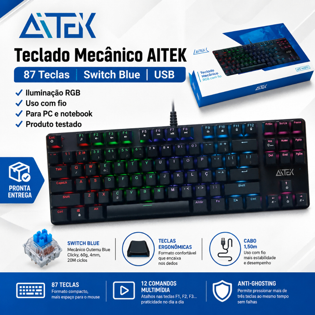 Teclado Mecânico AITEK 87 Teclas Switch Blue RGB USB Para PC