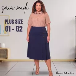 Saia Midi Feminina Plus Size G1 G2 Cintura Alta com Pregas, 3 Botões e Zíper nas Costas