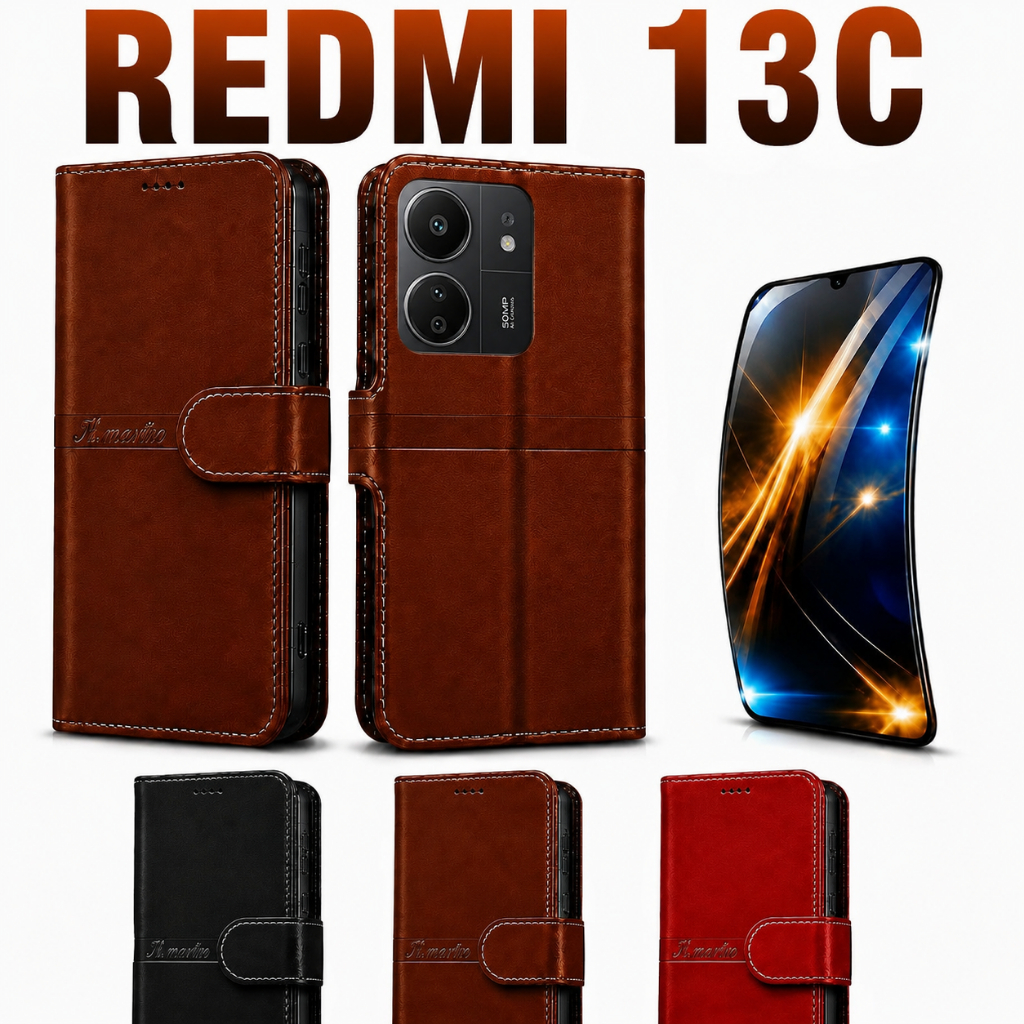 Capa Carteira Flip  Xiaomi Redmi 13c Magnética Couro Porta Cartão Anti Impacto Suporte + Película 3D