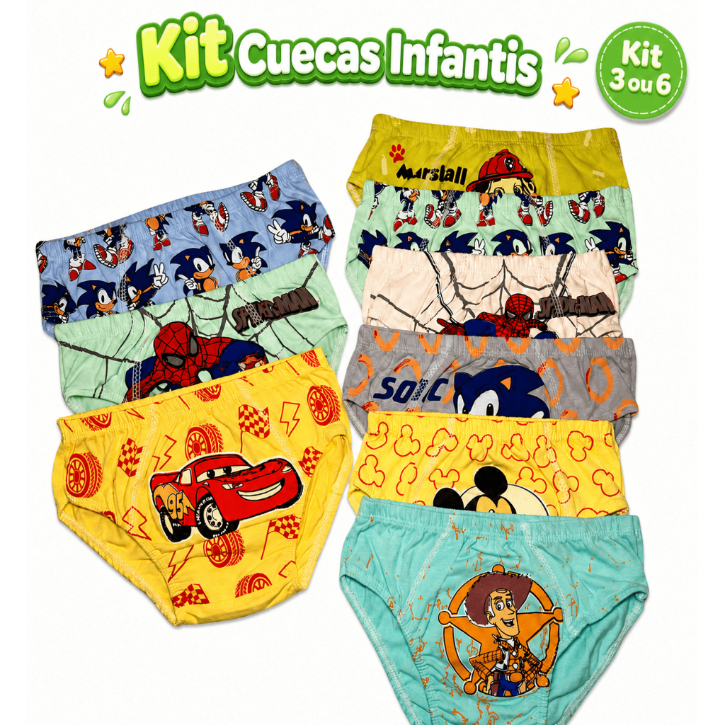 Kit Cuecas Infantil Slip Menino 100% Algodão com Forro Confortável Coecas Fio 30 Respirável Personagens Cores Sortidas