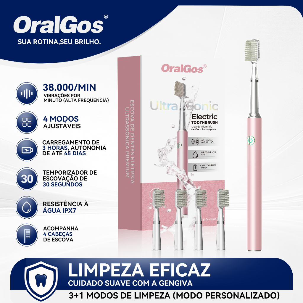 Escova Elétrica OralGos – 38.000 Vibrações + 3 Modos + 45 Dias de Bateria!