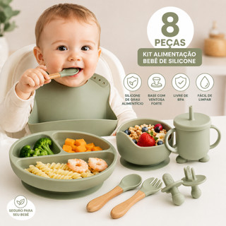 Kit Talheres Bebê Silicone 8 Peças Infantil Prato Com Ventosa Babador Colher Garfo Canudo