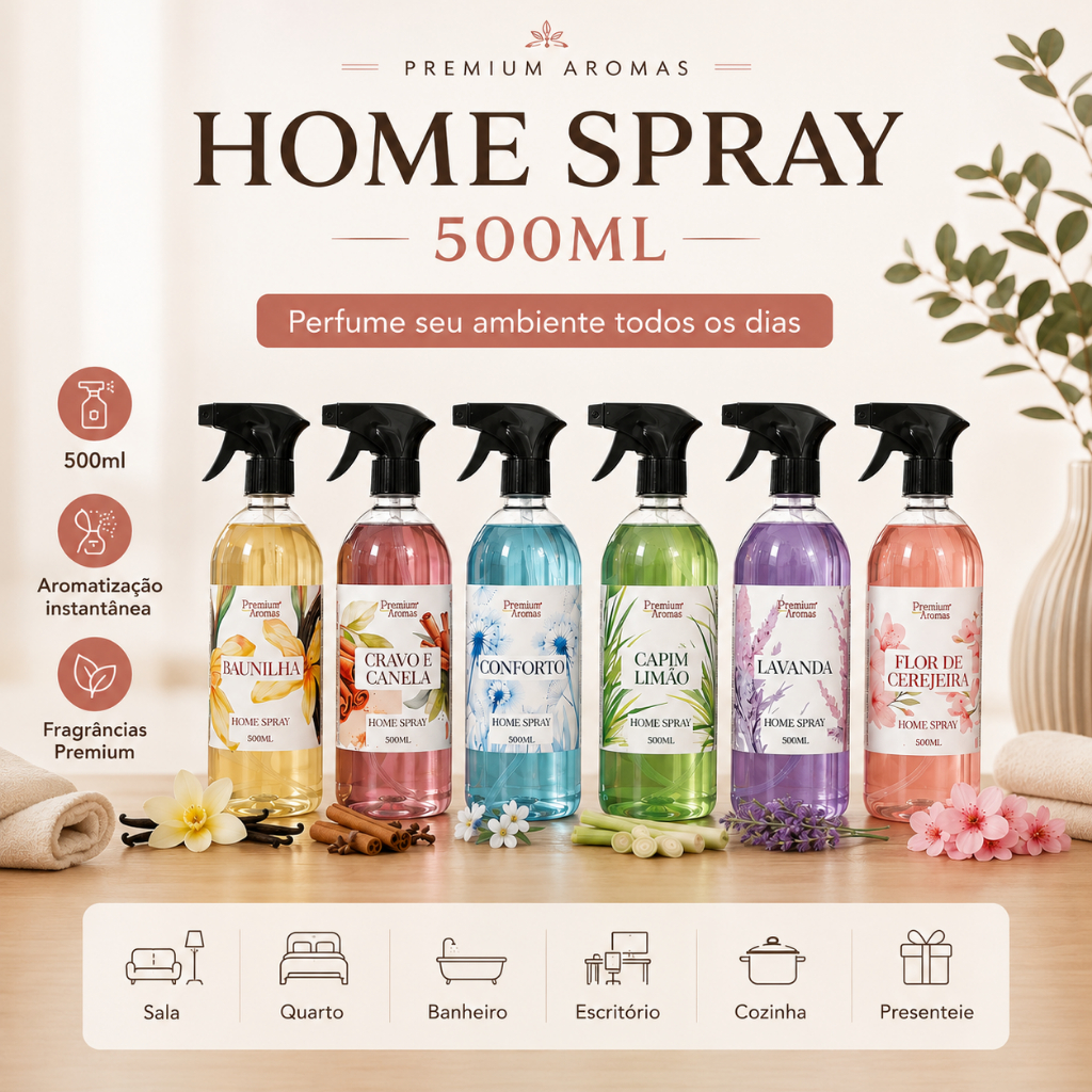 Aromatizador de Ambientes Home Spray Premium Aromas 500ml Perfume para Casa Sala Quarto Banheiro
