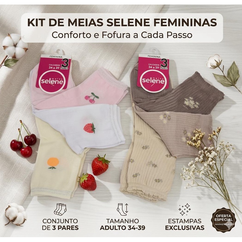 Kit 03 Pares de Meias Cano Médio Soquete Feminino Algodão Selene Tamanho 34 a 39