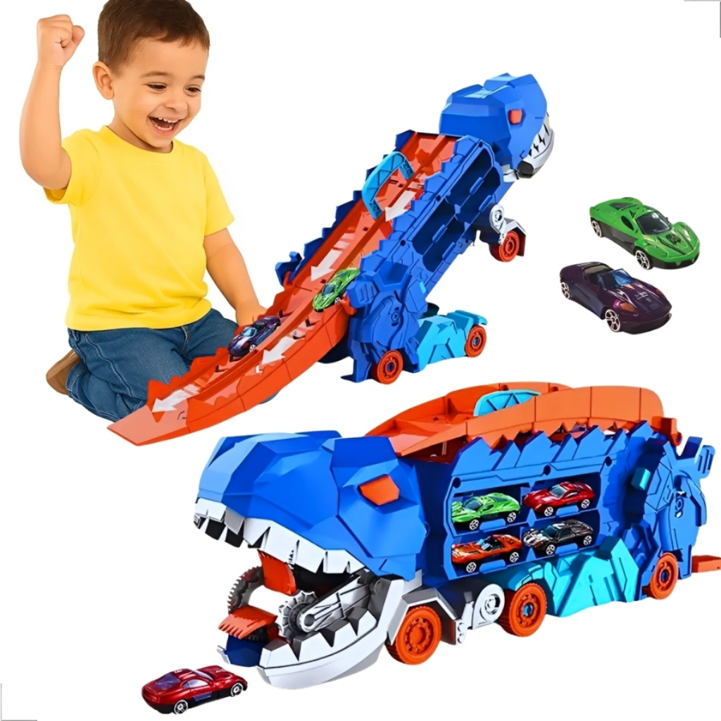Brinquedo Caminhão Transporte Cegonha C/ Pista Dinossauro 2 em 1 Devorador de Carrinhos Para Crianças - Castela