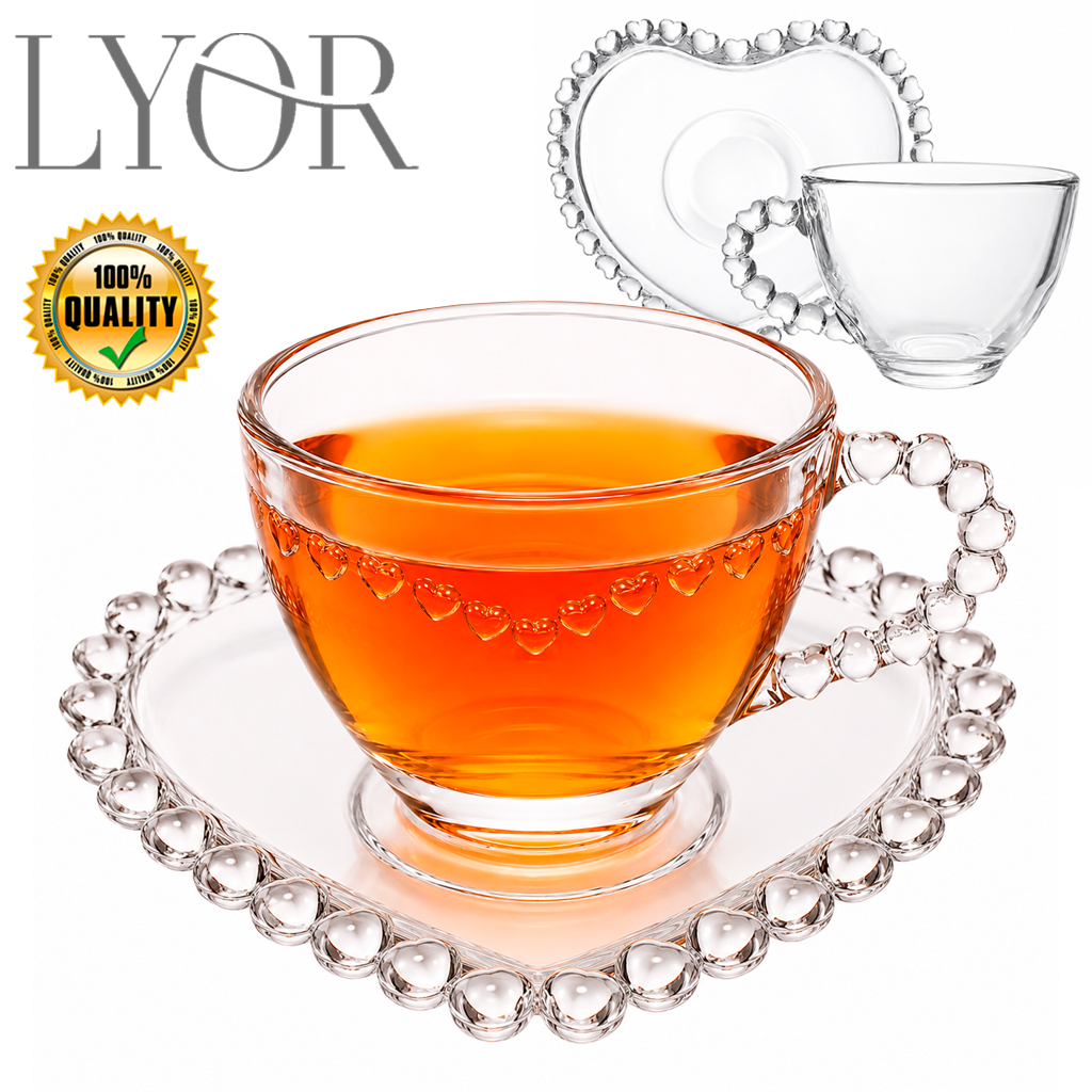 Conjunto Jogo de xícara LYOR Chá Cappuccino Café 170ml com Pires de Cristal Formato de Coração
