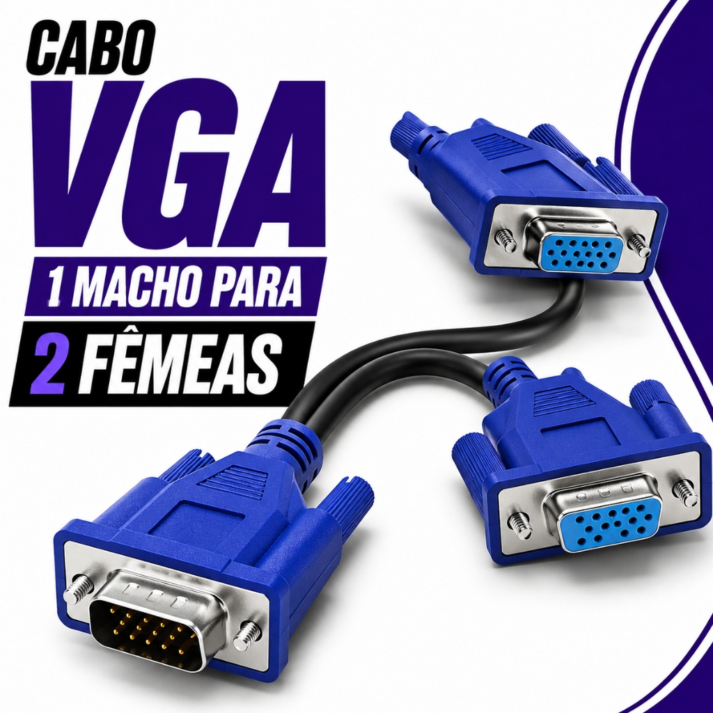 CABO VGA 2 MONITORES -  Divisor Splitter 2 Telas Saídas Simultâneas 1080p Espelhamento Projetores TV