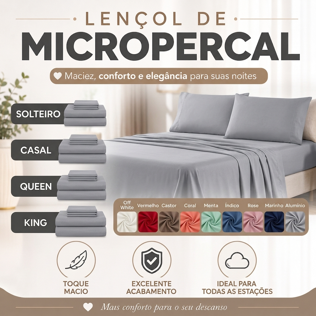 Jogo de Lençol Micropercal Premium com Elástico Casal Queen King Solteiro Super Macio