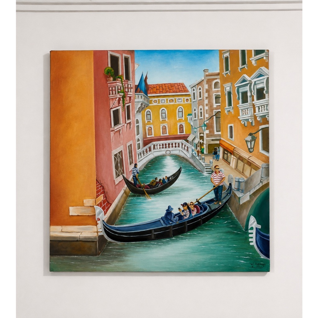 Quadro Decorativo Pintado à Mão Cena Veneziana Veneza Pintura a Óleo em Tela 50x70cm