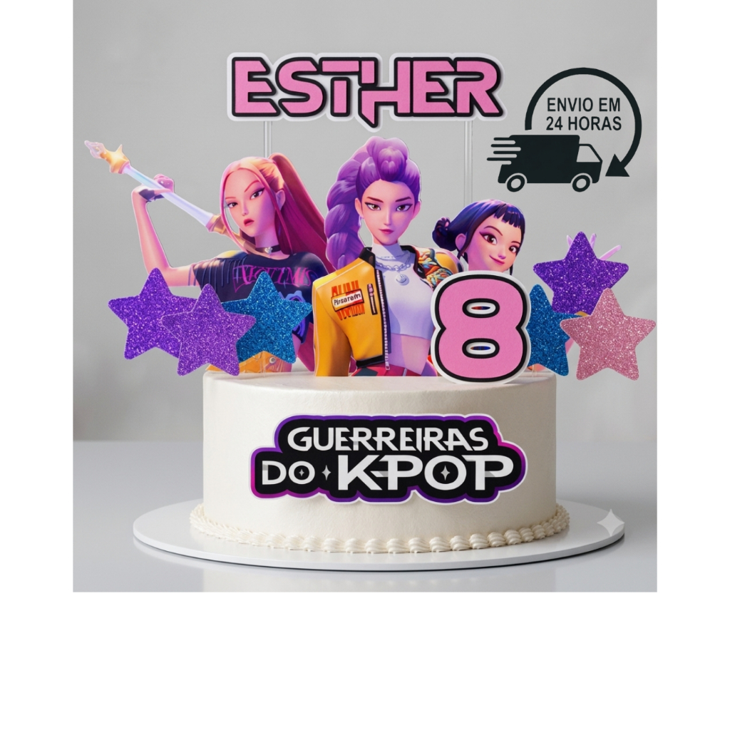 Topo de Bolo Guerreiras do Kpop Personalizado com Nome e Idade