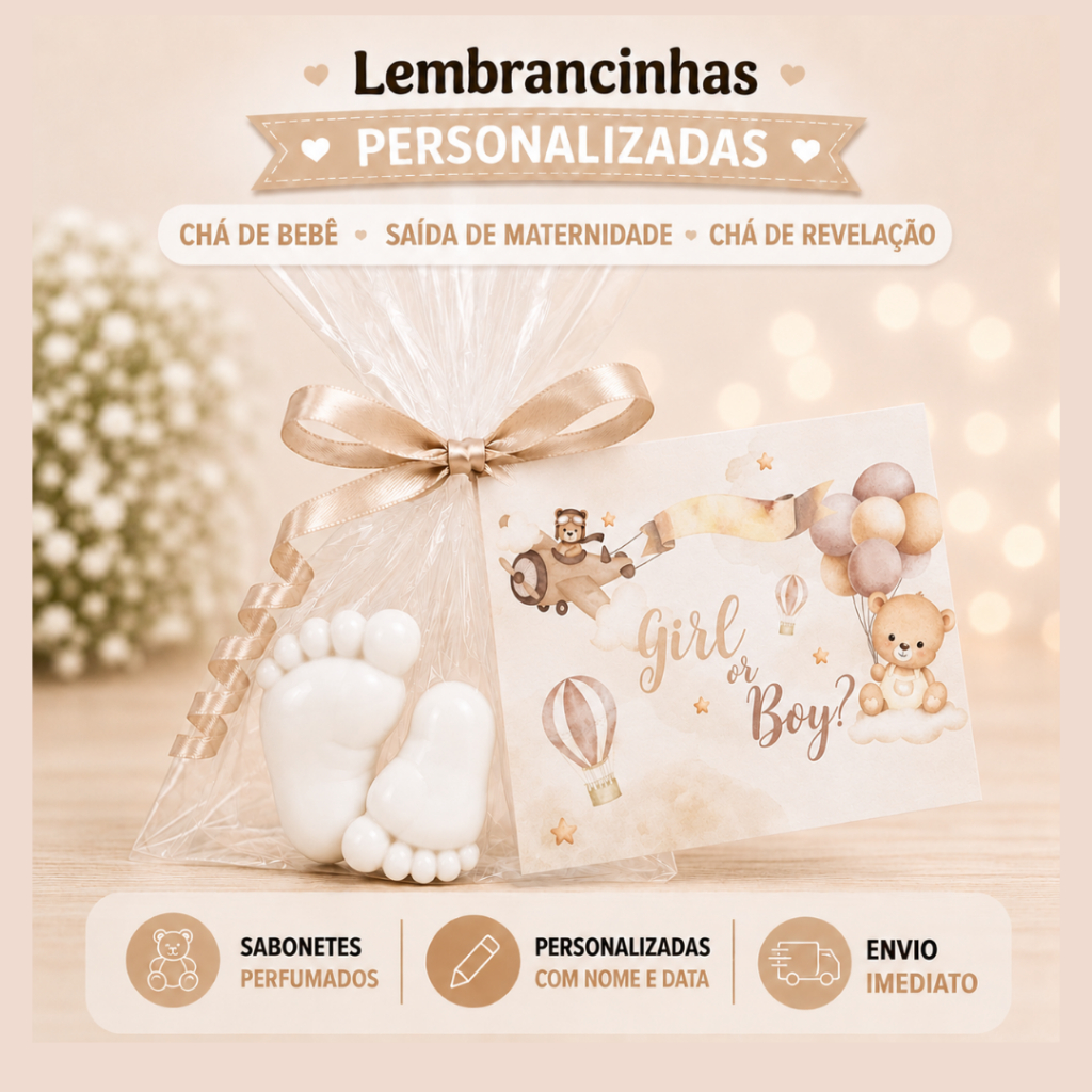 90 Mini Pezinhos Lembrancinha - Chá de Bebê (45 Pares) Sabonetes Perfumados-Chá revelação
