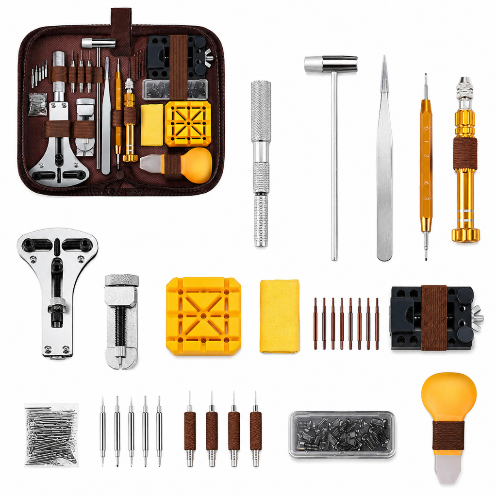 Kit ferramentas relógio 149 itens - Inclui 108 hastes, 5 chaves de fenda, aço inox, com estojo