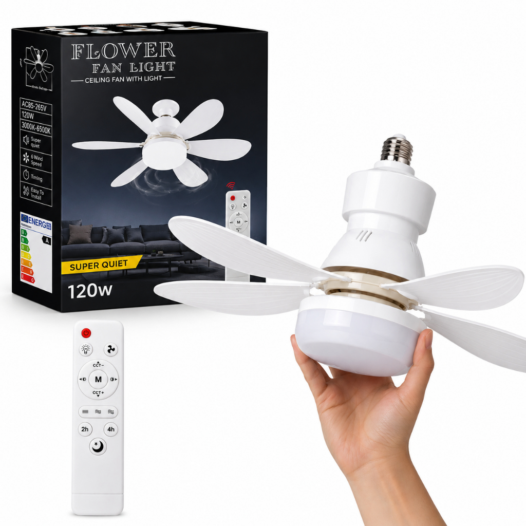Ventilador De Teto E27 Com Lâmpada LED 120W 3 Cores Controle 6 Pás Removíveis 52CM