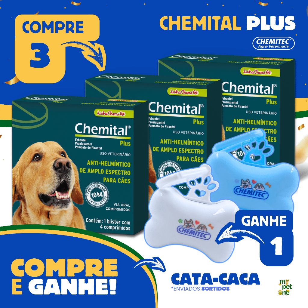 Kit 3 Chemital Plus Vermífugo Chemitec para Cães 4 Comprimidos + Cata Caca Ossinho Sortido