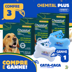 Kit 3 Chemital Plus Vermífugo Chemitec para Cães 4 Comprimidos + Brinde Cata Caca Ossinho Sortido