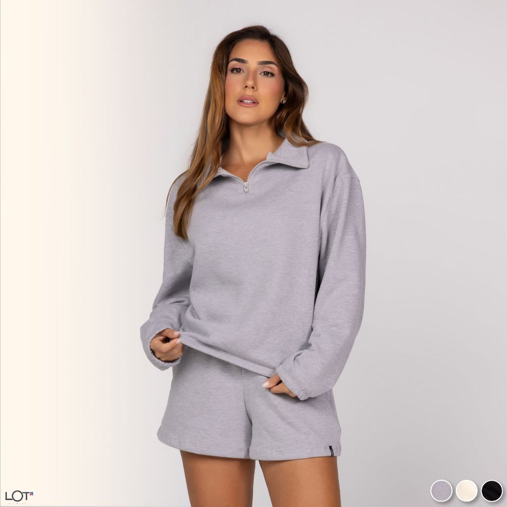 Conjunto de Moletom Inverno Casaco Fechado Zíper Curto e Short com Bolsos Academ