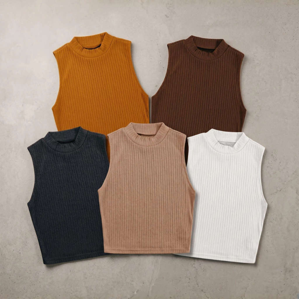 Kit 5 Croppeds Canelados de Gola Canelado Tons Terrosos Básicos Elegantes Versáteis — imagem 1