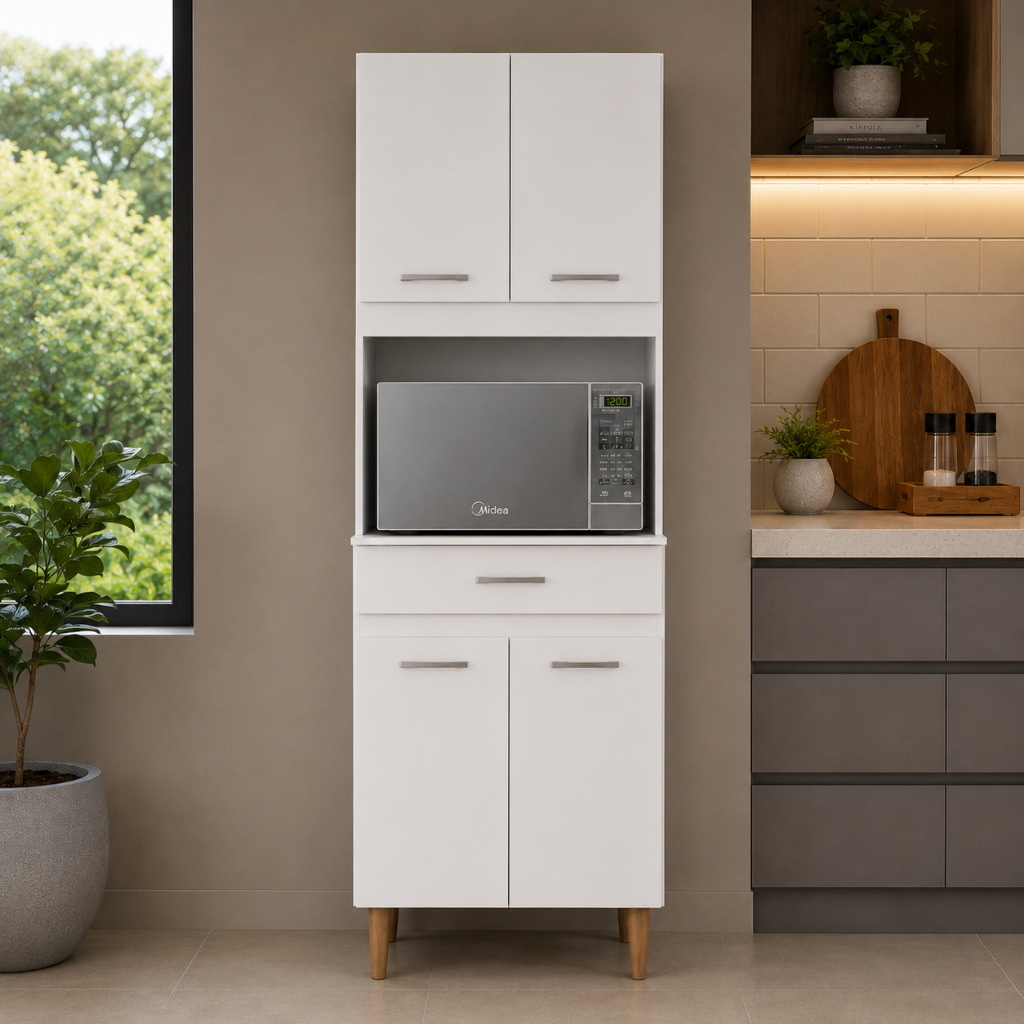 Cozinha Compacta com Balcão e Armário 4 Portas 1 Gaveta Nicho Central Design Moderno Móveis Bonatto