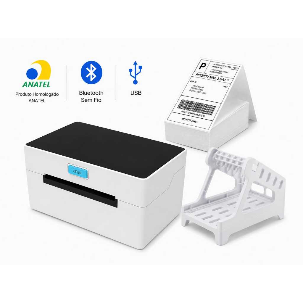 kit>Impressora Térmica + suporte +Etiquetas>Bluetooth USB 100x150 Compatível Shopee Mercado Livre