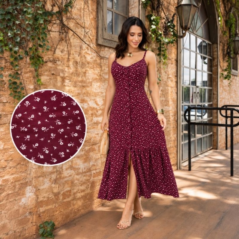Vestido Midi Feminino Estampa Liberty Elegante Luxo Viscolinho Confortável Forrado Bojo Alça Regulável Botões Funcionais