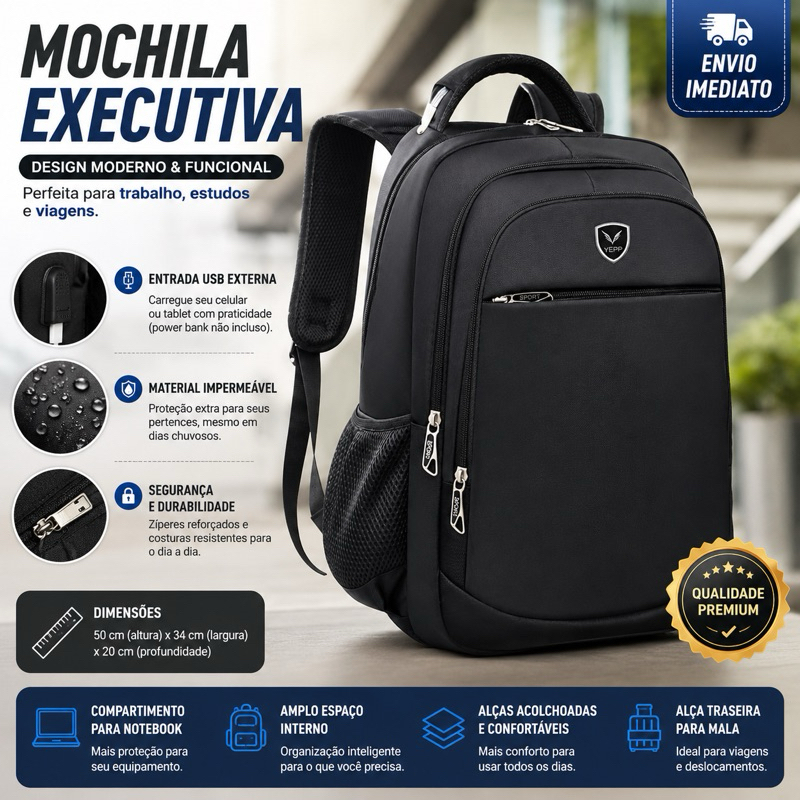 Mochila Juvenil Executiva Grande para Notebook  18 Polegadas | Impermeável | Cabo de Aço e USB