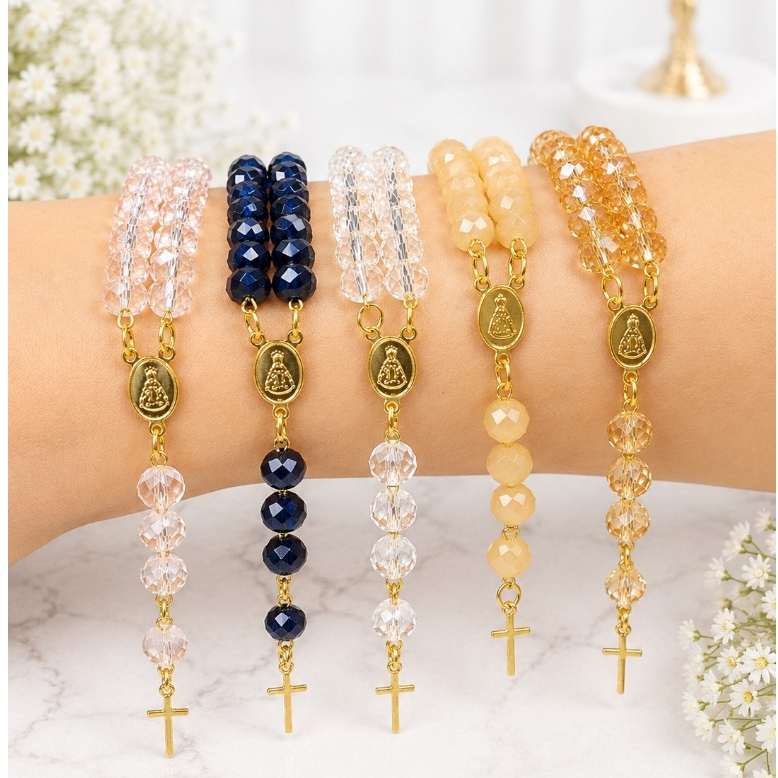 Pulseira Terço de Pulso Luxo Cristal Dourada Nossa Senhora Aparecida Folheada