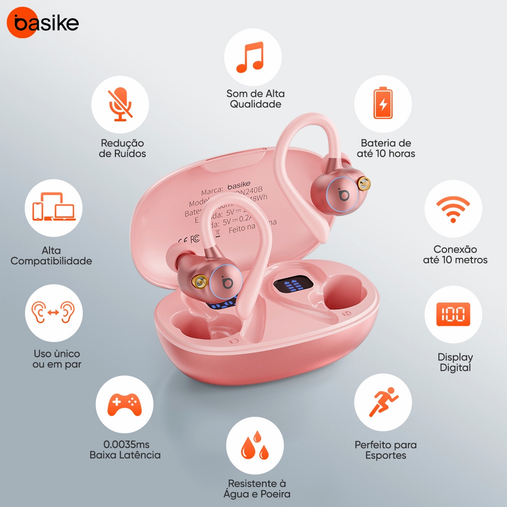 Basike Fone de Ouvido Bluetooth Sem Fio TWS com Ear Clip Gancho Bluetooth5.4 Graves Fortes e 3D Surround HiFi 10h