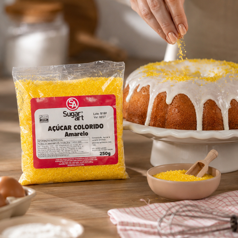 Açúcar Cristal Granulado Amarelo 1kg Culinária Doces Festa Decoração Sobremesas