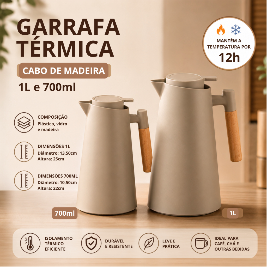 Garrafa Térmica Premium 1L 700ml Cabo de Madeira Para Café Chá Conserva Temperatura 12h