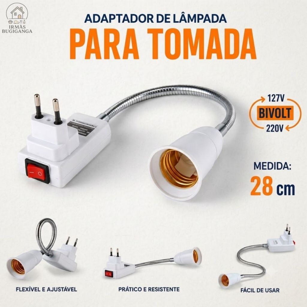 Kit 1 a 3 Adaptador Soquete Flexível Para Lâmpada E27 Blindado Interruptor Liga/Desliga 28cm Bivolt