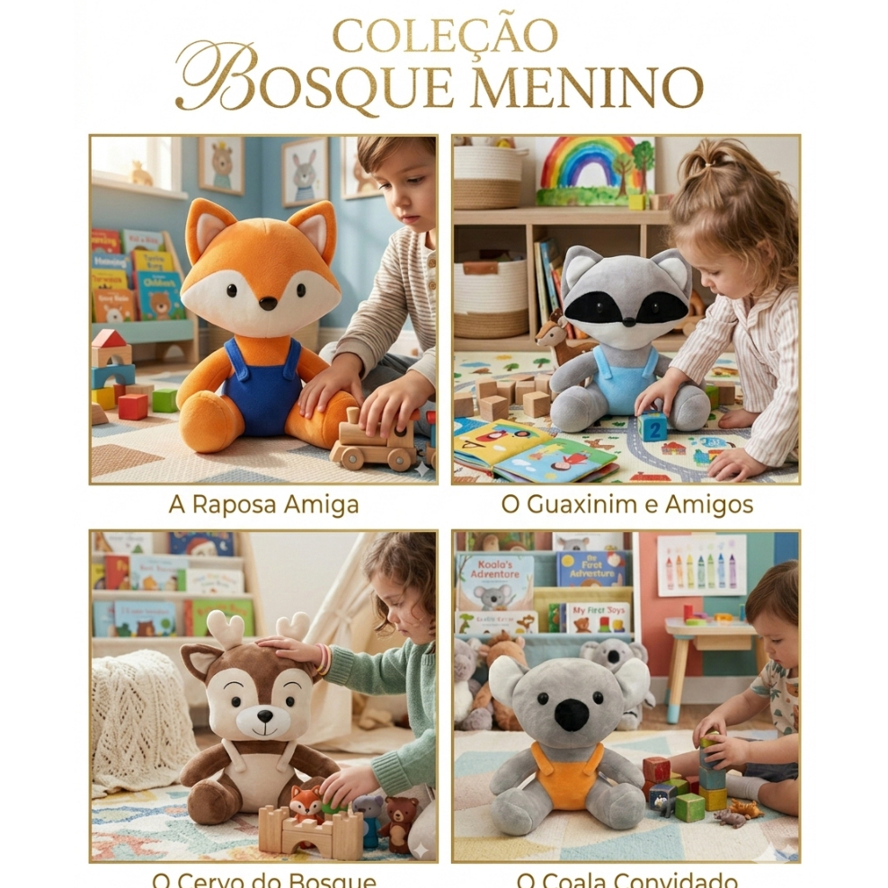 Kit 4 Pelúcia Bosque Menino Fofo Decoração Quarto Infantil Briquendo Menino