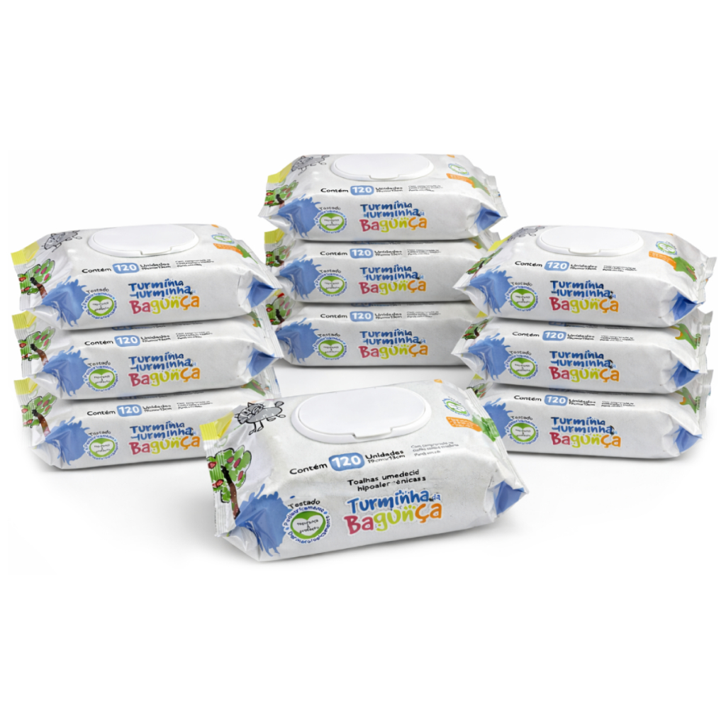 Kit 10 Toalhas Umedecidas Turminha da Bagunça 120 Folhas Lenço Umedecido  Vegano Hipoalergênico Sem Álcool e 98% Água