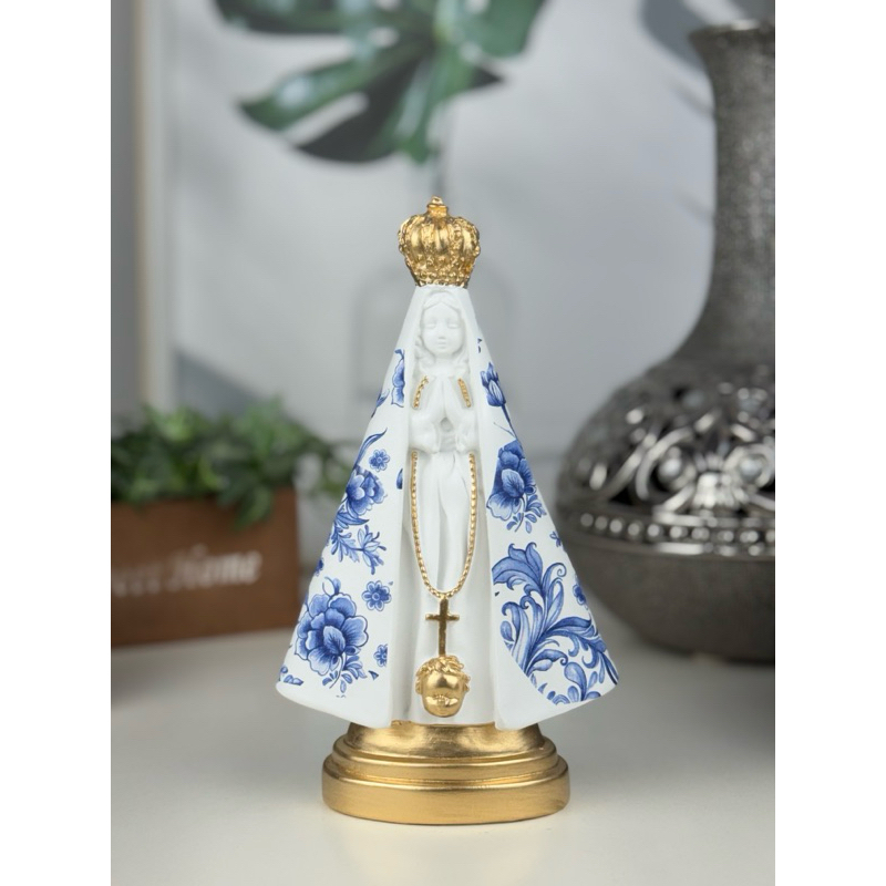 nossa senhora aparecida 22cm azul dourado gesso imagem dourada
