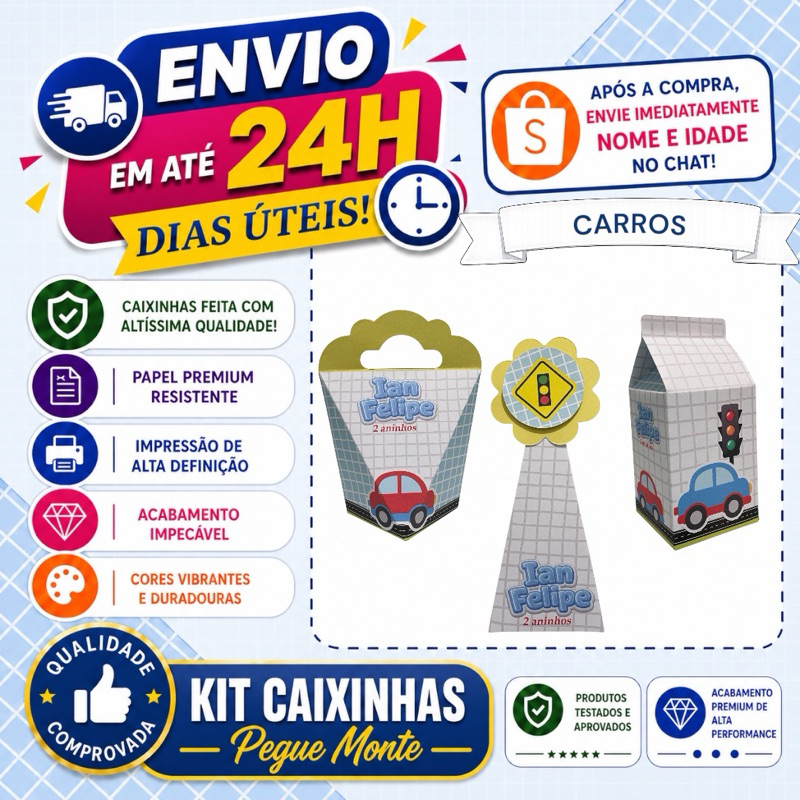Kit Caixinha Personalizada - CARRINHOS 001 -Lembrancinha Aniversario - (Milk,Cone,Coração,) Lembrancinhas -PEGUE MONTE