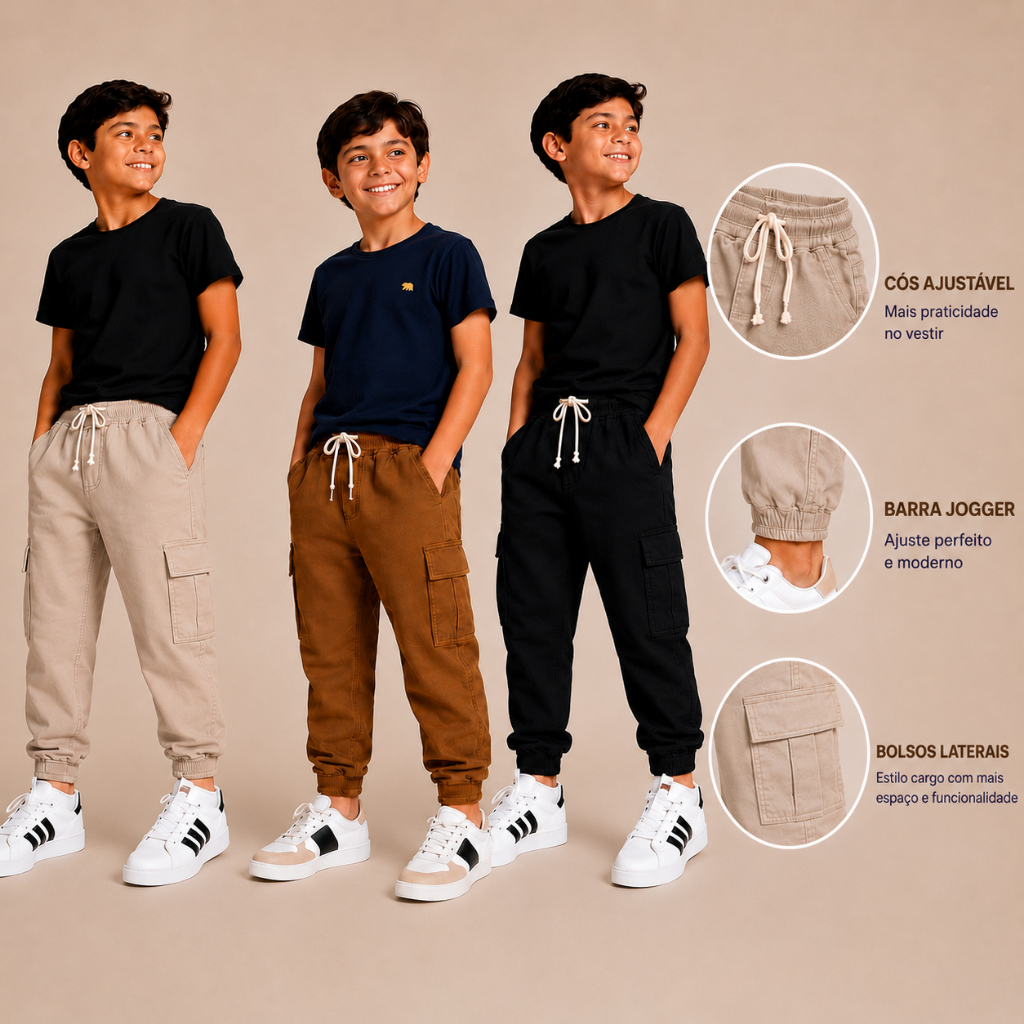 Kit 3 Calça Jogger Cargo Sarja Brim Infantil, Juvenil Menino Cos Elástico e Bolso Lateral Confortavel