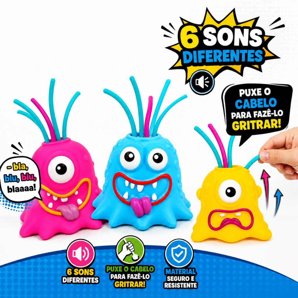 Brinquedo Interativo Sensorial Monstrinho Com 6 Sons Ao Puxar O Cabelo