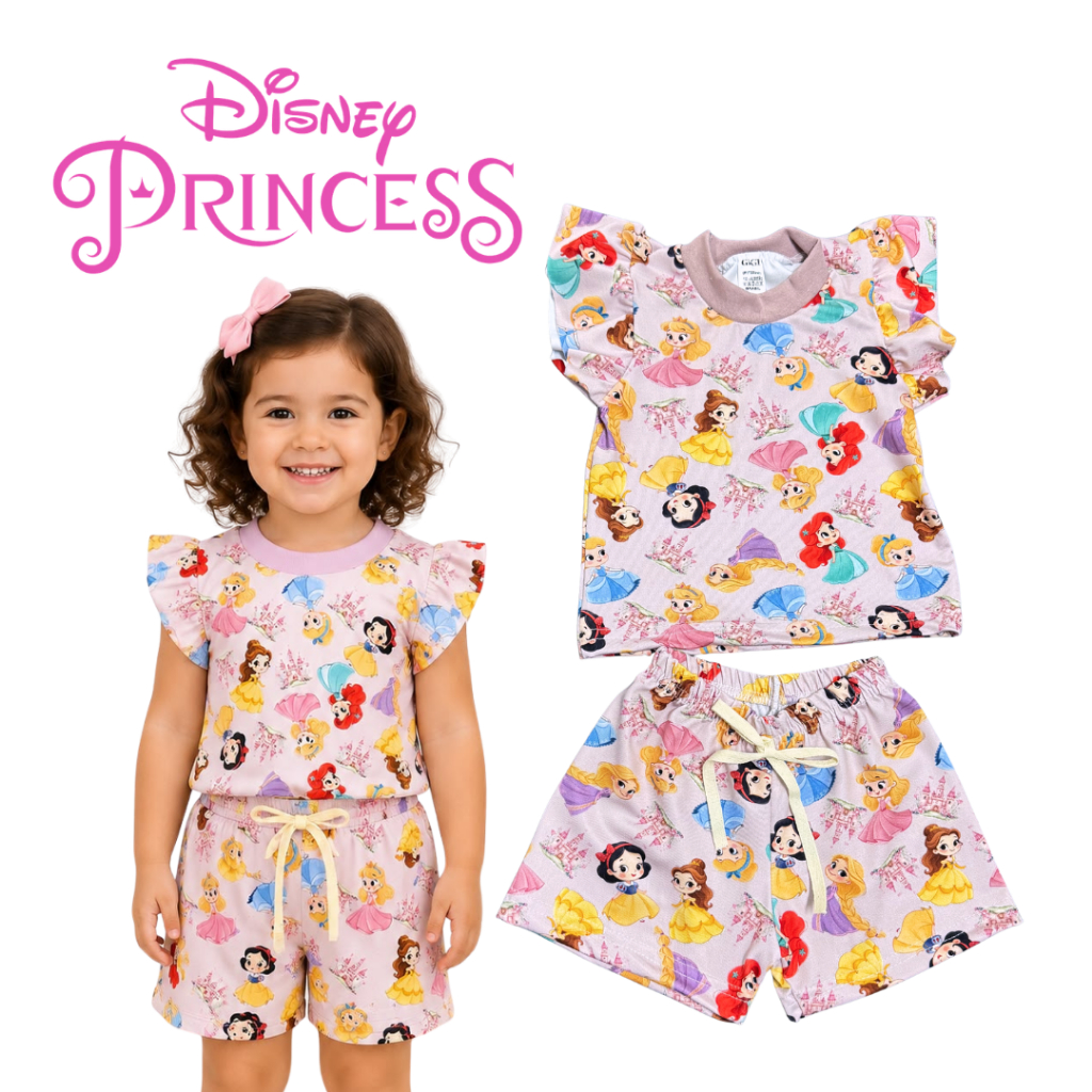 Conjunto Princesa Menina Blusa e Short Estampado Infantil Manga Babado Verão 1 a 5 Anos
