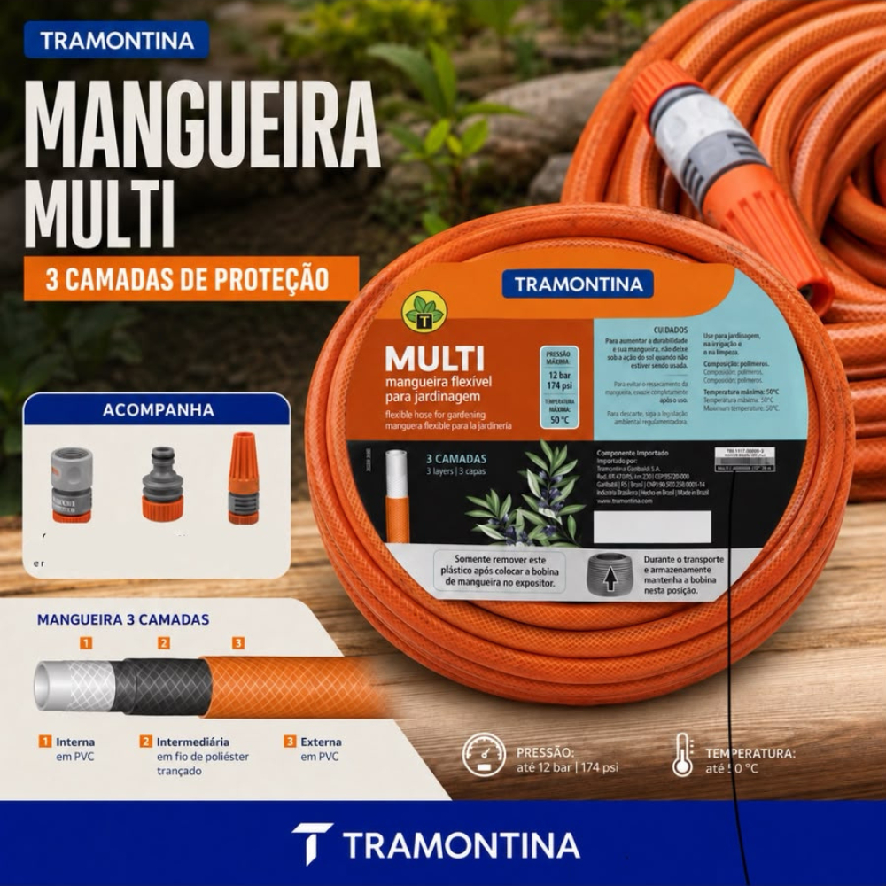Mangueira De Jardim Tramontina Laranja 3 Camadas Flexível + Kit Irrigação Completo Esguicho Engate